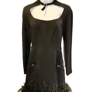Mugler Black Wool Cocktail Dress with Feather Trim Size S